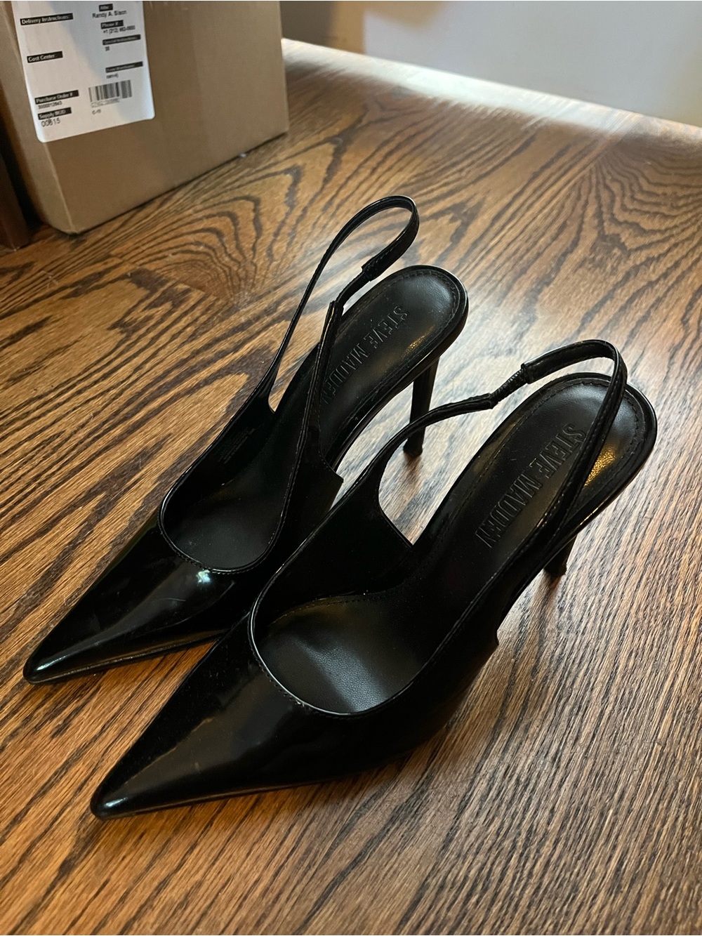 Steve Madden Reyes Black Patent Pointed-Toe Slingback Heels